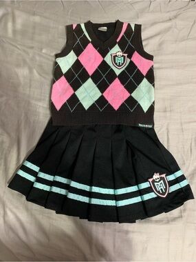Monster High Girls 2 Piece Outfit Argyle Vest M Pleated Skirt S Goth